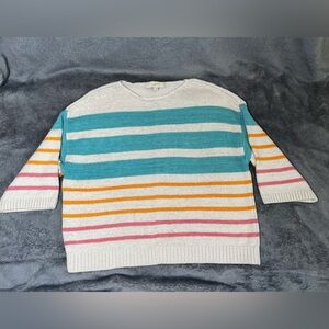 LOFT Women Sweater Pullover Striped Scoop Neck 3/4 Sleeve Small Teal Orange
